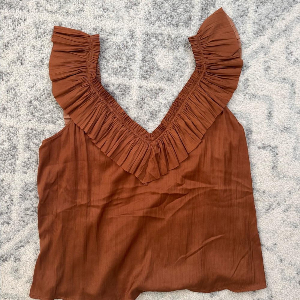 Evereve Brown Ruffle V-Neck Blouse